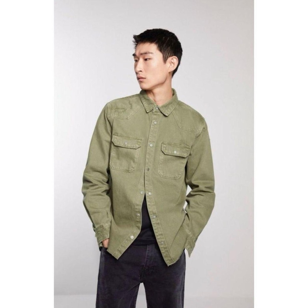 Zara Ripped Denim Overshirt Khaki shirt jacket, coat, denim jeans